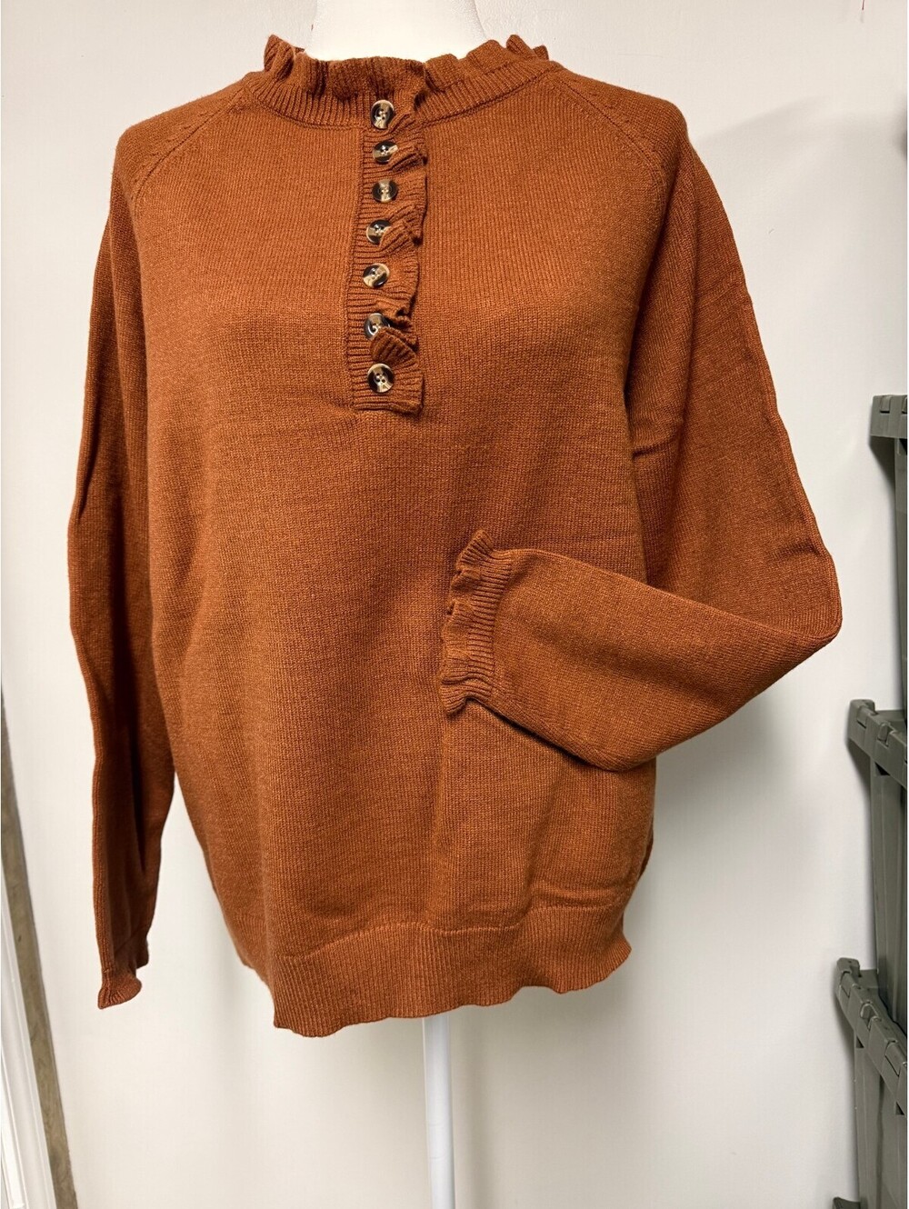 BTFBM Women's Ruffle Collar Buttoned Pullover Sweater Rust Orange Size XL